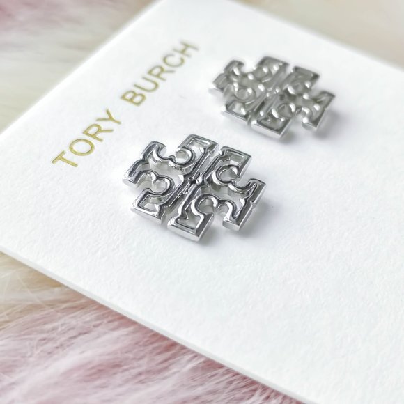 Tory Burch Silver Britten Logo Stud Earrings - Picture 2 of 3